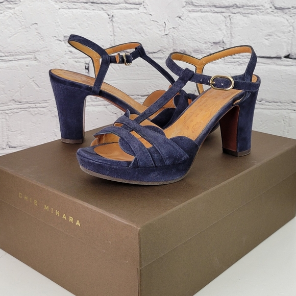 Chie Mihara Shoes - CHIE MIHARA Blue Suede T-strap Strappy Platform Sandals